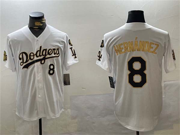 Los Angeles Dodgers #8 Enrique Hernández White Gold 2024 World Series With Fernando Memorial Patch Home Limited Stitched Baseball Jersey