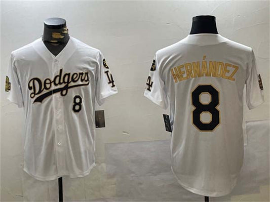 Los Angeles Dodgers #8 Enrique Hernández White Gold 2024 World Series With Fernando Memorial Patch Home Limited Stitched Baseball Jersey
