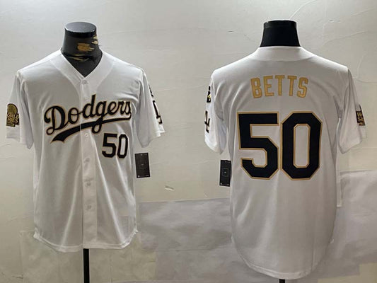 Los angeles dodgers #50 mookie betts white gold 2024 world series with fernando memorial patch limited stitched baseball jersey