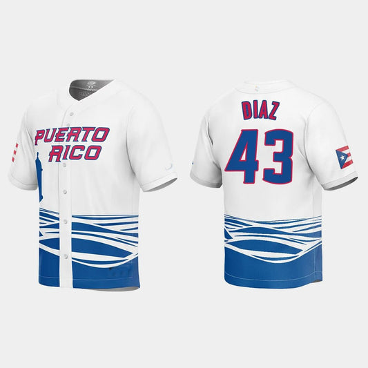 #43 ALEXIS DIAZ PUERTO RICO BASEBALL 2023 WORLD BASEBALL CLASSIC JERSEY – WHITE Stitches Baseball Jerseys