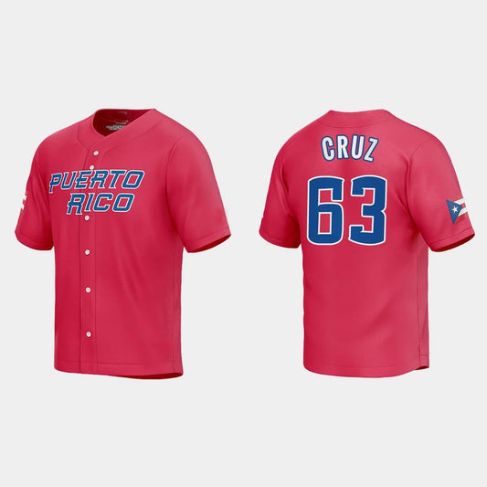 #63 FERNANDO CRUZ PUERTO RICO BASEBALL 2023 WORLD BASEBALL CLASSIC JERSEY – RED Stitches Baseball Jerseys