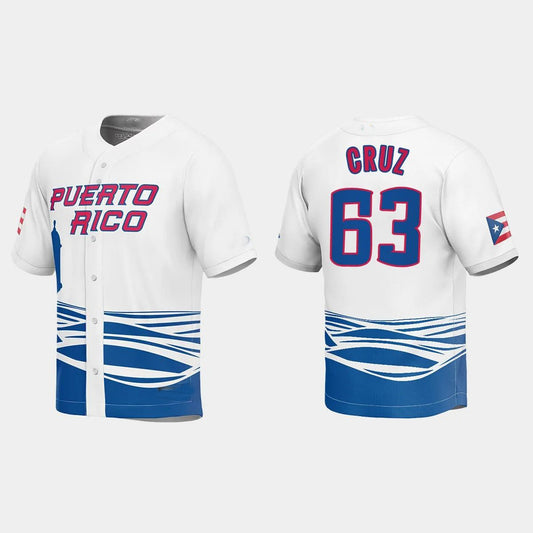 #63 FERNANDO CRUZ PUERTO RICO BASEBALL 2023 WORLD BASEBALL CLASSIC JERSEY – WHITE Stitches Baseball Jerseys