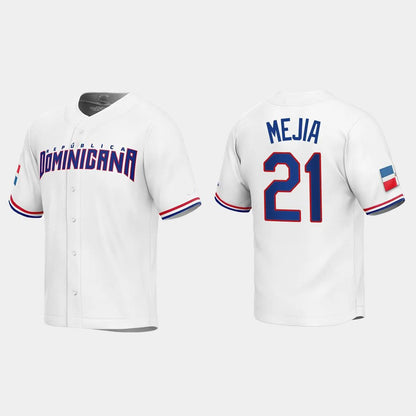 #21 FRANCISCO MEJIA DOMINICAN REPUBLIC BASEBALL 2023 WORLD BASEBALL CLASSIC REPLICA JERSEY – WHITE Stitches Baseball Jerseys
