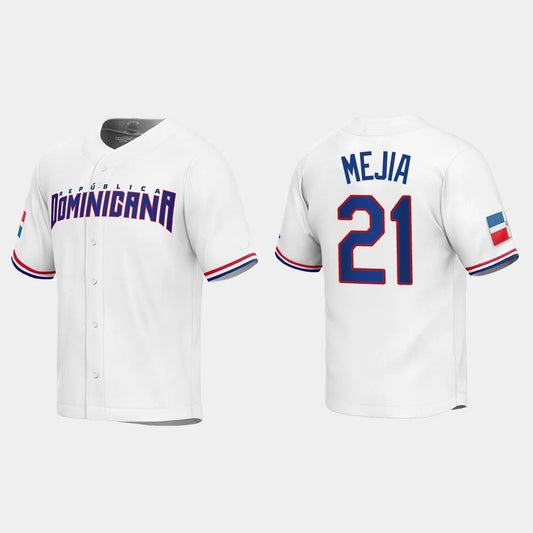 #21 FRANCISCO MEJIA DOMINICAN REPUBLIC BASEBALL 2023 WORLD BASEBALL CLASSIC REPLICA JERSEY – WHITE Stitches Baseball Jerseys