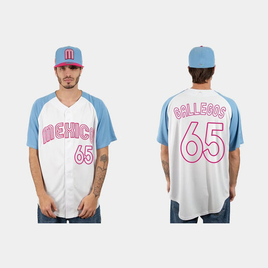 #65 GIOVANNY GALLEGOS MEXICO BASEBALL 2023 WORLD BASEBALL CLASSIC JERSEY – WHITE BLUE Stitches Baseball Jerseys