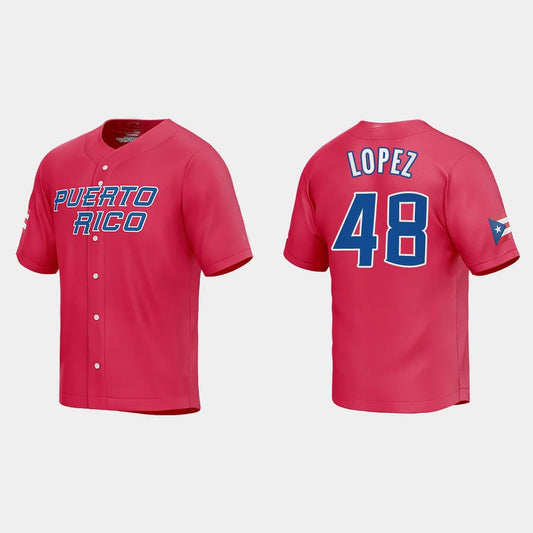 #48 JORGE LOPEZ PUERTO RICO BASEBALL 2023 WORLD BASEBALL CLASSIC JERSEY – RED Stitches Baseball Jerseys