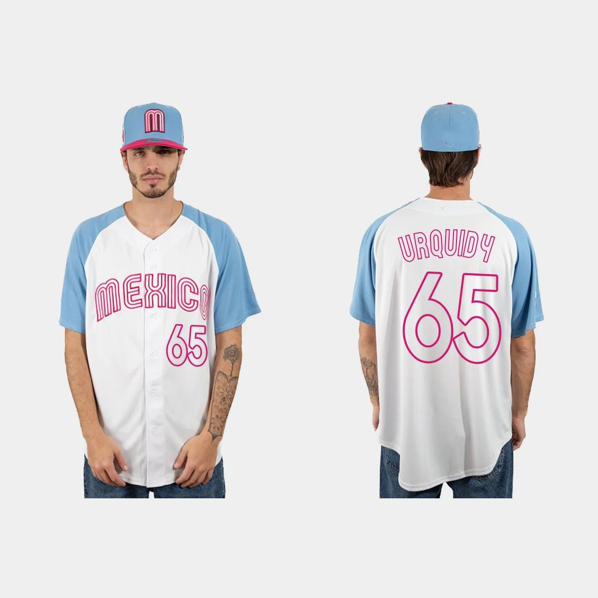 #65 JOSE URQUIDY MEXICO BASEBALL 2023 WORLD BASEBALL CLASSIC JERSEY – WHITE BLUE Stitches Baseball Jerseys
