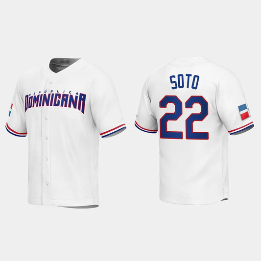 #22 JUAN SOTO DOMINICAN REPUBLIC BASEBALL 2023 WORLD BASEBALL CLASSIC REPLICA JERSEY – WHITE Stitches Baseball Jerseys