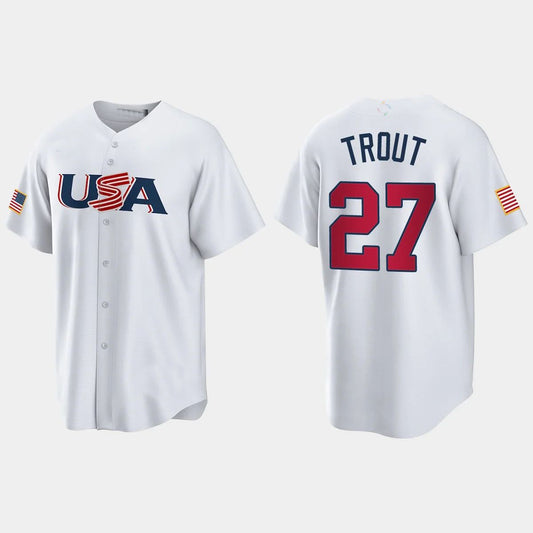 #27 MIKE TROUT LOS ANGELES ANGELS 2023 WORLD BASEBALL CLASSIC USA REPLICA JERSEY – WHITE Stitches Baseball Jerseys