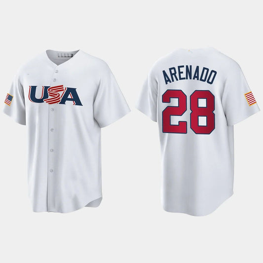 #28 NOLAN ARENADO ST. LOUIS CARDINALS 2023 WORLD BASEBALL CLASSIC USA REPLICA JERSEY – WHITE Stitches Baseball Jerseys
