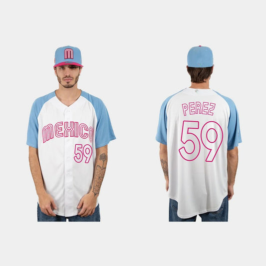 #59 OLIVER PEREZ MEXICO BASEBALL 2023 WORLD BASEBALL CLASSIC JERSEY – WHITE BLUE Stitches Baseball Jerseys