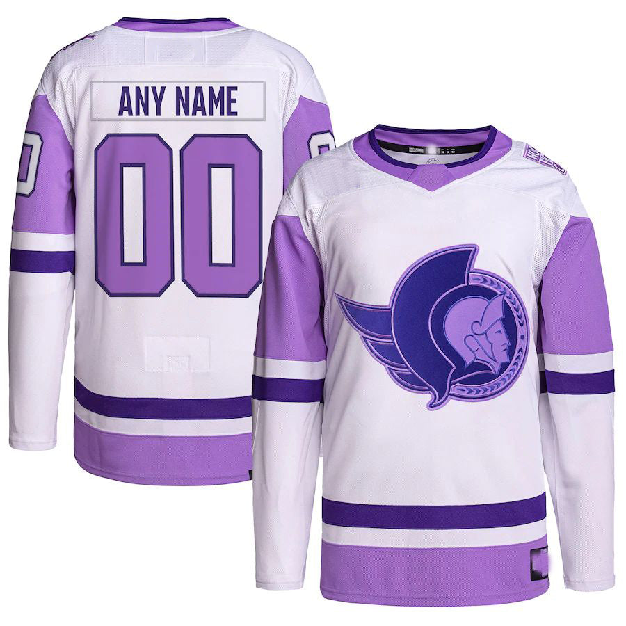 Custom O.Senators Hockey Fights Cancer Primegreen Authentic Jersey White Purple Stitched American Hockey Jerseys
