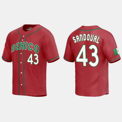 #43 PATRICK SANDOVAL MEXICO BASEBALL 2023 WORLD BASEBALL CLASSIC REPLICA JERSEY – RED Stitches Baseball Jerseys