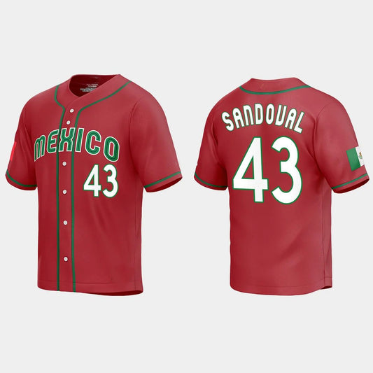 #43 PATRICK SANDOVAL MEXICO BASEBALL 2023 WORLD BASEBALL CLASSIC REPLICA JERSEY – RED Stitches Baseball Jerseys