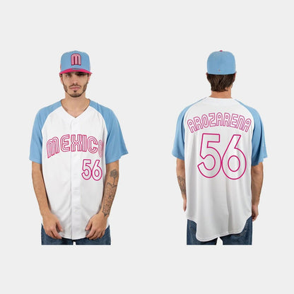 #56 RANDY AROZARENA MEXICO BASEBALL 2023 WORLD BASEBALL CLASSIC JERSEY – WHITE BLUE Stitches Baseball Jerseys