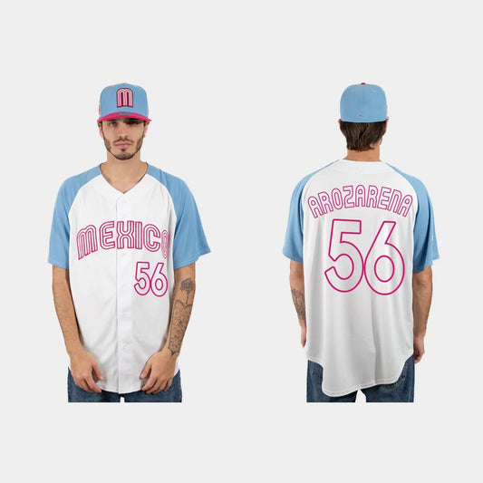 #56 RANDY AROZARENA MEXICO BASEBALL 2023 WORLD BASEBALL CLASSIC JERSEY – WHITE BLUE Stitches Baseball Jerseys
