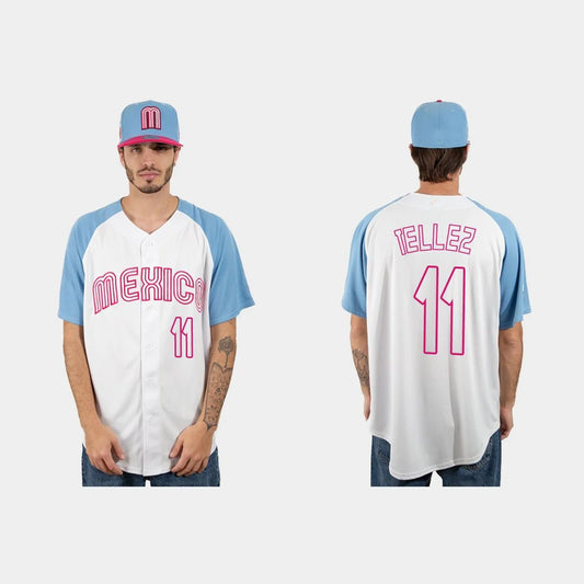 #11 ROWDY TELLEZ MEXICO BASEBALL 2023 WORLD BASEBALL CLASSIC JERSEY – WHITE BLUE Stitches Baseball Jerseys
