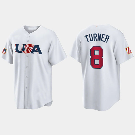 #8 TREA TURNER PHILADELPHIA PHILLIES 2023 WORLD BASEBALL CLASSIC USA REPLICA JERSEY – WHITE Stitches Baseball Jerseys