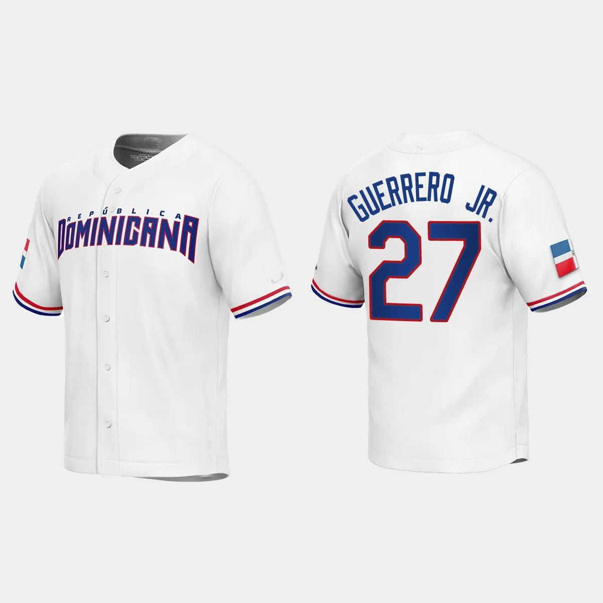 #27 VLADIMIR GUERRERO JR. DOMINICAN REPUBLIC BASEBALL 2023 WORLD BASEBALL CLASSIC REPLICA JERSEY – WHITE Stitches Baseball Jerseys